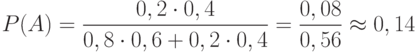 \[ P(A) = \frac {0,2 \cdot 0,4} {0,8 \cdot 0,6 +0,2 \cdot 0,4}  = \frac {0,08} {0,56} \approx 0,14 \]