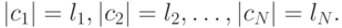 |c_1|=l_1, |c_2|= l_2, \dots,|c_N|= l_N.