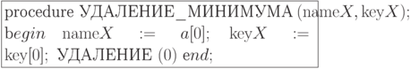 \formula{
\t{procedure
УДАЛЕНИЕ\_МИНИМУМА}\ ({\rm name}X, {\rm key}X);\\
\t begin\ {\rm name}X:= {a}[0];\
{\rm key}X:= {\rm key}[0];\
\t{УДАЛЕНИЕ}\ (0)\ \t end;
}