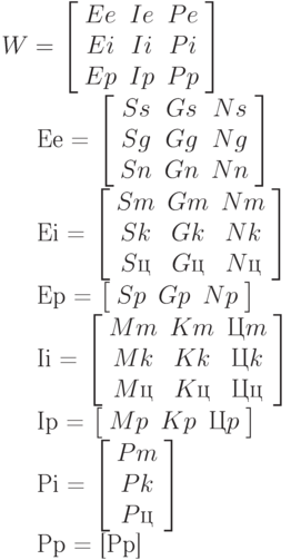 W = 
\left [ \begin{array}{ccc}
Ee & Ie & Pe \\
Ei & Ii & Pi \\
Ep & Ip & Pp \\
\end{array} \right ]  

Ee =
\left [ \begin{array}{ccc}
Ss & Gs & Ns \\
Sg & Gg & Ng \\
Sn & Gn & Nn \\
\end{array} \right ]

Ei = 
\left [ \begin{array}{ccc}
Sm & Gm & Nm \\
Sk & Gk & Nk \\
Sц & Gц & Nц \\
\end{array} \right ]

Ep = 
\left [ \begin{array}{ccc}
Sp & Gp & Np \\
\end{array} \right ]

Ii = 
\left [ \begin{array}{ccc}
Mm & Km & Цm  \\
Mk & Kk & Цk  \\
Mц & Kц & Цц  \\
\end{array} \right ] 

Ip = 
\left [ \begin{array}{ccc}
Mp & Kp & Цp \\ 
\end{array} \right ]

Pi = 
\left [ \begin{array}{c}
Pm \\
Pk \\
Pц \\
\end{array} \right ]

Pp = [Pp]