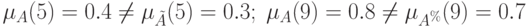 mu_A(5)=0.4ne mu_{tilde{A}}(5)=0.3; ; mu_A(9)=0.8ne mu_{A^%}(9)=0.7