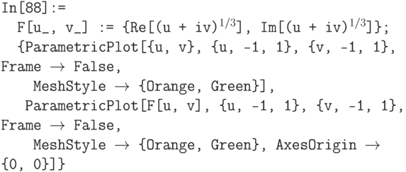 \tt
In[88]:=\\
\phantom{In}F[u\_, v\_] := \{Re[(u + iv)$^{1/3}$], Im[(u + iv)$^{1/3}$]\};\\
\phantom{In}\{ParametricPlot[\{u, v\}, \{u, -1, 1\}, \{v, -1, 1\}, Frame $\to$ False,\\
\phantom{In\{P}MeshStyle $\to$ \{Orange, Green\}],\\
\phantom{In\{}ParametricPlot[F[u, v], \{u, -1, 1\}, \{v, -1, 1\}, Frame $\to$ False,\\
\phantom{In\{P}MeshStyle $\to$ \{Orange, Green\}, AxesOrigin $\to$ \{0, 0\}]\}