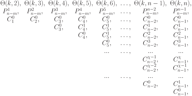 \begin{array}{cccccccc}
\Theta(k,2),&\Theta(k,3), & \Theta(k,4), & \Theta(k,5), & \Theta(k,6), & …, & \Theta(k,n-1), & \Theta(k,n), \\
P^1_{n-m},&P^2_{n-m}, & P^3_{n-m}, & P^4_{n-m}, & P^5_{n-m}, & …, & P^{n-2}_{n-m}, & P^{n-1}_{n-m}, \\
C^0_1&C^0_2, & C^0_3, & C^0_4, & C^0_5, & … , & C^0_{n-2}, & C^0_{n-1}, \\
&       & C^0_3, & C^1_4, & C^1_5, & … , & C^1_{n-2}, & C^1_{n-1}, \\
&	   &        & C^0_4, & C^1_5, & … , & C^2_{n-2}, & C^2_{n-1}, \\
&	   &        &        & C^0_5, & … , & C^3_{n-2}, & C^3_{n-1}, \\
&	   &        &        & ...    & … , & ...        & ...        \\	   
&	   &        &        &        &     & C^{\chi-1}_{n-2}, & C^{\chi}_{n-1}, \\	   
&	   &        &        &        &     & C^{\chi-2}_{n-2}, & C^{\chi-1}_{n-1}, \\	   	   
&	   &        &        & ...    & … , & ...         & ...        \\	   	   
&	   &        &        &        &     & C^{0}_{n-2}, & C^1_{n-1}, \\	   
&      &        &        &        &     &            & C^{0}_{n-1}, \\	   	      
\end{array}