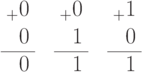 \begin{array}{r}
_{+ }0\\
  0\\
  \cline{1-1}
  0\\
\end{array}\;\;\;
\begin{array}{r}
_{+ }0\\
  1\\
  \cline{1-1}
  1\\
\end{array}\;\;\;
\begin{array}{r}
_{+ }1\\
  0\\
  \cline{1-1}
  1\\
\end{array}