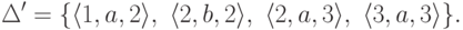 \Delta' = \{
\langle 1 , a , 2 \rangle ,\
\langle 2 , b , 2 \rangle ,\
\langle 2 , a , 3 \rangle ,\
\langle 3 , a , 3 \rangle
\} .