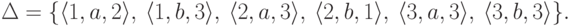 \Delta = \{
\langle 1 , a , 2 \rangle ,\
\langle 1 , b , 3 \rangle ,\
\langle 2 , a , 3 \rangle ,\
\langle 2 , b , 1 \rangle ,\
\langle 3 , a , 3 \rangle ,\
\langle 3 , b , 3 \rangle
\} .