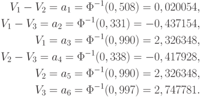 \begin{aligned}
V_1 - V_2 = a_1 = \Phi^{-1}(0,508) = 0,020054,\\
V_1 - V_3 = a_2 = \Phi^{-1}(0,331) = - 0,437154, \\
V_1 = a_3 = \Phi^{-1}(0,990) = 2,326348,\\
V_2 - V_3 = a_4 = \Phi^{-1}(0,338) = - 0,417928,\\
V_2 = a_5 = \Phi^{-1}(0,990) = 2,326348,\\
V_3 = a_6 = \Phi^{-1}(0,997) = 2,747781.\\
\end{aligned}