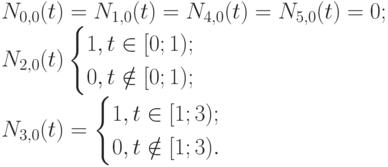 N_{0,0}(t)=N_{1,0}(t)=N_{4,0}(t)=N_{5,0}(t)=0;\\
N_{2,0}(t)\begin{cases}
1,t \in[0;1);\\
0, t \notin [0;1);
\end{cases}\\
N_{3,0}(t)=\begin{cases}
1, t \in [1;3);\\
0, t \notin [1;3).
\end{cases}