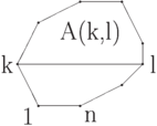 \setlength{\unitlength}{6mm}
\begin{picture}(10,6.5)(0,0.3)
  \put(3,1){\circle*{0.1}}
   \put(3,1){\line(1,0){2}}
  \put(5,1){\circle*{0.1}}
   \put(5,1){\line(2,1){2}}
  \put(7,2){\circle*{0.1}}
   \put(7,2){\line(1,1){1}}
  \put(8,3){\circle*{0.1}}
   \put(8,3){\line(0,1){1}}
  \put(8,4){\circle*{0.1}}
   \put(8,4){\line(-1,2){1}}
  \put(7,6){\circle*{0.1}}
   \put(7,6){\line(-1,0){2}}
  \put(5,6){\circle*{0.1}}
   \put(5,6){\line(-2,-1){2}}
  \put(3,5){\circle*{0.1}}
   \put(3,5){\line(-1,-2){1}}
  \put(2,3){\circle*{0.1}}
   \put(2,3){\line(1,-2){1}}
%
   \put(2,3){\line(1,0){6}}
%
   \put(2,0){\makebox(1,1){1}}
   \put(1,2.5){\makebox(1,1){k}}
   \put(8,2.5){\makebox(1,1){l}}
   \put(5,0){\makebox(1,1){n}}
%
   \put(5,4){\makebox(1,1){A(k,l)}}
\end{picture}