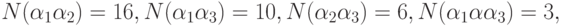 N(\alpha_1\alpha_2)=16,N(\alpha_1\alpha_3)=10,N(\alpha_2\alpha_3)=
6,N(\alpha _1 \alpha \alpha _3 ) = 3,