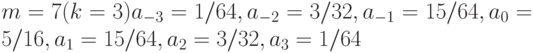 m = 7 (k = 3) a_{-3} = 1/64, a_{-2} = 3/32, a_{-1} = 15/64, a_{0 }= 5/16, a_{1 }= 15/64, a_{2 }= 3/32, a_{3 }= 1/64