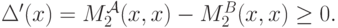 \Delta^\prime(x) = M^{\mathcal A}_2(x,x) - M^B_2(x,x) \ge 0.