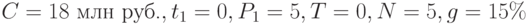 C=18\mbox{ млн руб.}, t_{1}=0, P_{1}=5, T=0, N=5, g=15\%