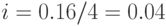 i=0.16/4=0.04