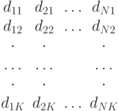 \begin{matrix}
d_{11}&d_{21}& \dots & d_{N1}\\
d_{12}& d_{22}& \dots & d_{N2}\\
\cdot & \cdot & & \cdot\\
\dots & \dots & & \dots\\
\cdot & \cdot & & \cdot\\
d_{1K& d_{2K}& \dots & d_{NK}
\end{matrix}