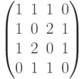 \begin{pmatrix}
{1} & {1} & {1} & {0} \\
{1} & {0} & {2} & {1} \\
{1} & {2} & {0} & {1} \\
{0} & {1} & {1} & {0}
\end{pmatrix}