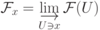 \mathcal F_x=
\varinjlim_{U\ni x}\mathcal F(U)