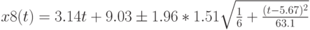 x8(t)=3.14t+9.03 \pm 1.96*1.51 \sqrt{\frac16 + \frac{(t-5.67)^2}{63.1}}