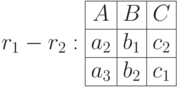 r_1-r_2: \begin{array}{|c|c|c|} \hline A & B & C \\ \hline a_2& b_1 & c_2 \\ \hline a_3& b_2 & c_1 \\ \hline \end{array}