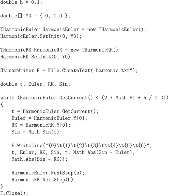 \begin{verbatim}
double h = 0.1;

double[] Y0 = { 0, 1.0 };

THarmonicEuler HarmonicEuler = new THarmonicEuler();
HarmonicEuler.SetInit(0, Y0);

THarmonicRK HarmonicRK = new THarmonicRK();
HarmonicRK.SetInit(0, Y0);

StreamWriter F = File.CreateText("harmonic.txt");

double t, Euler, RK, Sin;

while (HarmonicEuler.GetCurrent() < (2 * Math.PI + h / 2.0))
{
    t = HarmonicEuler.GetCurrent();
    Euler = HarmonicEuler.Y[0];
    RK = HarmonicRK.Y[0];
    Sin = Math.Sin(t);

    F.WriteLine("{0}\t{1}\t{2}\t{3}\t\t{4}\t{5}\t{6}",
    t, Euler, RK, Sin, t, Math.Abs(Sin - Euler),
    Math.Abs(Sin - RK));

    HarmonicEuler.NextStep(h);
    HarmonicRK.NextStep(h);
}
F.Close();
\end{verbatim}