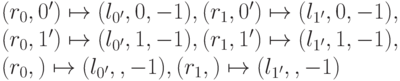 (r_0,0')\mapsto(l_{0'},0,-1),&&(r_1,0')\mapsto(l_{1'},0,-1),\\ &(r_0,1')\mapsto(l_{0'},1,-1),&&(r_1,1')\mapsto(l_{1'},1,-1),\\ &(r_0,\emptycell)\mapsto(l_{0'},\emptycell,-1),&&(r_1,\emptycell)\mapsto(l_{1'},\emptycell,-1)