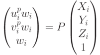 \begin {pmatrix}
{u^p_iw_i} \\
{v^p_iw_i} \\
w_i
\end{pmatrix}=P \begin {pmatrix}
{X_i} \\
{Y_i} \\
{Z_i} \\
1
\end {pmatrix}