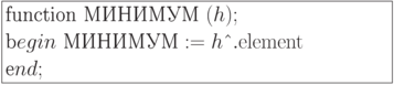 \formula{
\t{function МИНИМУМ}\ (h);\\
\t begin\ \t{МИНИМУМ} :=
h\t{\^{}}.{\rm element}\\
\t end;
}