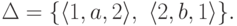 \Delta = \{
\langle 1 , a , 2 \rangle ,\
\langle 2 , b , 1 \rangle
\} .