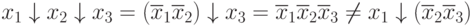 x_{1}\downarrow x_{2}\downarrow x_{3} = (\overline{x}_{1}\overline{x}_{2})\downarrow x_{3} = \overline{x}_{1}\overline{x}_{2}\overline{x}_{3} \ne  x_{1}\downarrow (\overline{x}_{2}\overline{x}_{3})