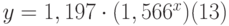 $$y=1,197\cdot(1,566^{x})\eqno(13)$$