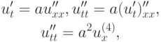 \begin{gather*}
u^{\prime}_t = au^{\prime\prime}_{xx}, u^{\prime\prime}_{tt} = a(u^{\prime}_t )^{\prime\prime}_{xx}, \\ 
u^{\prime\prime}_{tt} = a^2 u_x^{(4)}, \end{gather*} 