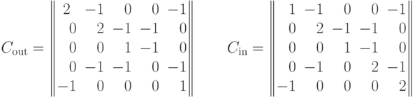 C_{\rm out} = \left|\!\left|
\begin{matrix}
2 & -1 & \phantom{-}0 & \phantom{-}0 & -1\\
\phantom{-}0 & \phantom{-}2 & -1 & -1 & \phantom{-}0\\
\phantom{-}0 & \phantom{-}0 & \phantom{-}1 & -1 &
\phantom{-}0\\
\phantom{-}0 & -1 & -1 & \phantom{-}0 & -1\\
-1 & \phantom{-}0 & \phantom{-}0 & \phantom{-}0 & \phantom{-}1
\end{matrix}
\right|\!\right|\qquad C_{\rm in} = \left|\!\left|
\begin{matrix}
\phantom{-}1 & -1 & \phantom{-}0 & \phantom{-}0 & -1\\
\phantom{-}0 & \phantom{-}2 & -1 & -1 & \phantom{-}0\\
\phantom{-}0 & \phantom{-}0 & \phantom{-}1 & -1 &
\phantom{-}0\\
\phantom{-}0 & -1 & \phantom{-}0 & \phantom{-}2 & -1\\
-1 & \phantom{-}0 & \phantom{-}0 & \phantom{-}0 & \phantom{-}2
\end{matrix}
\right|\!\right|