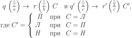 \ q\,\left(\frac{\frac{\wedge}{c}}{a}\right) \rightarrow\ r
 \left(\frac{\frac {\wedge}{c}}{b}\right)\,C\ \ \mbox{   и   }
 q^\prime\,\left(\frac{\frac {\wedge}{a}}{c}\right) \rightarrow\ r^\prime
 \left(\frac{\frac {\wedge}{b}}{c}\right)\,C^\prime,\, \\ 
\mbox{где }C^\prime =
\left\{ \begin{array}{lcl}
  \textit{ П }& \mbox { при  } &  C=\textit{Л}\\
   \textit{Л }& \mbox { при  } &  C=\textit{П}\\
   \textit{Н} & \mbox { при  } & C=\textit{Н}
\end{array} \right.