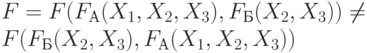 F=F(F_{А}(X_{1},X_{2},X_{3}),F_{Б}(X_{2},X_{3})) \ne 
\\
  F(F_{Б}(X_{2},X_{3}),F_{А}(X_{1},X_{2},X_{3}))