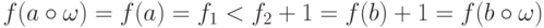 f(a\circ \omega) = f(a) = f_1 < f_2 + 1 = f(b)+1 =
f(b\circ \omega)