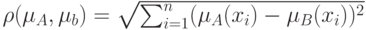 \rho(\mu_A,\mu_b)=\sqrt{\sum_{i=1}^{n}(\mu_A(x_i)-\mu_B(x_i))^2}