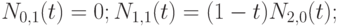 N_{0,1}(t)=0; N_{1,1}(t)=(1-t) N_{2,0}(t); 