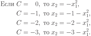 \begin{aligned}
\text{Если } & C=\phantom{-}0, \; \text{то} \; x_2 = -x_1^2, \\
& C=-1, \; \text{то} \; x_2 = -1 -x_1^2, \\
& C=-2, \; \text{то} \; x_2 = -2 -x_1^2, \\
& C=-3, \; \text{то} \; x_2 = -3 -x_1^2.
\end{aligned}