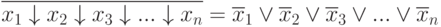 \overline{x_{1}\downarrow x_{2}\downarrow x_{3}\downarrow . . .\downarrow x_{n}} = \overline{x}_{1} \vee  \overline{x}_{2} \vee  \overline{x}_{3} \vee . . .\vee  \overline{x}_{n}