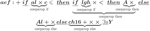 \text{\boldmath{\begin{gathered}
a e f : + \; \underline{if}\; \underbrace{a l \times c}_{\hbox to
0pt{\footnotesize\hss\text{оператор \underline\itshape
if}\hss}}
\le  \;\underline{then}
\;\underbrace{\underline{if}\;  \underbrace{l g h}_{\hbox to
0pt{\footnotesize\hss
\text{оператор \underline\itshape
if}\hss}} \times <  \; \underline{then}\; \underbrace{A
\times{}}_{\hbox to 0pt{\footnotesize\hss\text{оператор \underline\itshape
then}}}}_{\hbox to 0pt{\footnotesize\hss\text{оператор
\underline\itshape
then}}}
\;\underline{else}\\
\underbrace{A l + \times{}}_{\hbox to 0pt{\footnotesize\hss\text{оператор
\underline\itshape
else}\hss}} \underline{else} \underbrace{c h 16 +\times
\times{}}_{\hbox to 0pt{\footnotesize\hss\text{оператор \underline\itshape
else}\hss}} \underline{\text{Зп}}Y
\end{gathered}}}