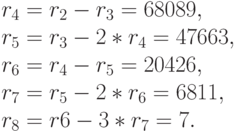 r_4= r_2- r_3	= 68089,\\
r_5= r_3- 2 * r_4= 47663,\\
r_6= r_4- r_5=20426,\\
r_7= r_5-2 * r_6= 6811,\\
r_8= r6-3 * r_7= 7.