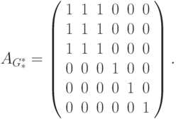 A_{G_*^*}=  left(
begin{array}{cccccc}
1 & 1 & 1 & 0& 0& 0\
1 & 1 & 1 & 0& 0& 0\
1 &1 & 1 & 0& 0& 0\
0 & 0 & 0 & 1& 0& 0\
0 & 0 & 0 & 0& 1& 0\
0 & 0 & 0 & 0& 0& 1
end{array}right).