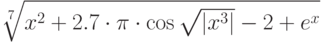 \sqrt[7]{ x^2 + 2.7 \cdot\pi \cdot \cos \sqrt{|x^3|} - 2 + e^x}