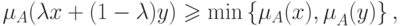 \mu _A (\lambda x + (1 - \lambda )y) \geqslant \min \left\{ {\mu _A (x),\mu _A^{} (y)} \right\},