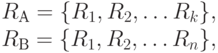 R_{А} = \{R_{1}, R_{2}, \dots R_{k}\},\\
R_{В} = \{R_{1}, R_{2}, \dots R_{n}\},