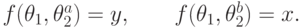 f(\theta_1,\theta_2^a)=y,\qquad f(\theta_1,\theta_2^b)=x.