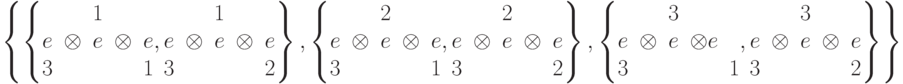 \left\{\left\{\begin{matrix}&&1&&\\e&\otimes &e& \otimes &e\\3&&&&1 \end{matrix}, \begin{matrix}&&1&&\\ e&\otimes&e&\otimes&e\\ 3&&&&2 \end{matrix} \right\}, \left\{\begin{matrix}&&2&&\\e&\otimes &e& \otimes &e\\3&&&&1 \end{matrix}, \begin{matrix} &&2&&\\ e&\otimes&e&\otimes&e\\ 3&&&&2 \end{matrix} \right\}, \left\{\begin{matrix}&&3&&\\e&\otimes &e& \otimes e\\3&&&&1 \end{matrix}, \begin{matrix}&&3&&\\e&\otimes&e&\otimes&e\\3&&&&2\end{matrix} \right\} \right\}\right\}