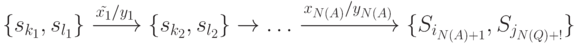 \{s_{k_1}, s_{l_1}\} \xrightarrow {\tilde {x_1}/y_1} \{s_{k_2}, s_{l_2}\} \to \dots \xrightarrow {x_{N(A)}/y_{N(A)}} \{S_{i_{N(A)+1}}, S_{j_{N(Q)+!}}\}