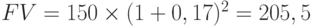 FV = 150 \times (1 + 0,17)^2 = 205,5