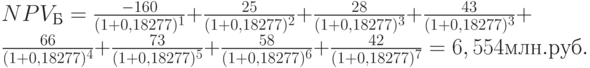 NPV_Б=\frac{-160}{(1+0,18277)^1}+\frac{25}{(1+0,18277)^2}+\frac{28}{(1+0,18277)^3}+\frac{43}{(1+0,18277)^3}+\\\frac{66}{(1+0,18277)^4}+\frac{73}{(1+0,18277)^5}+\frac{58}{(1+0,18277)^6}+\frac{42}{(1+0,18277)^7}=6,554млн.руб.